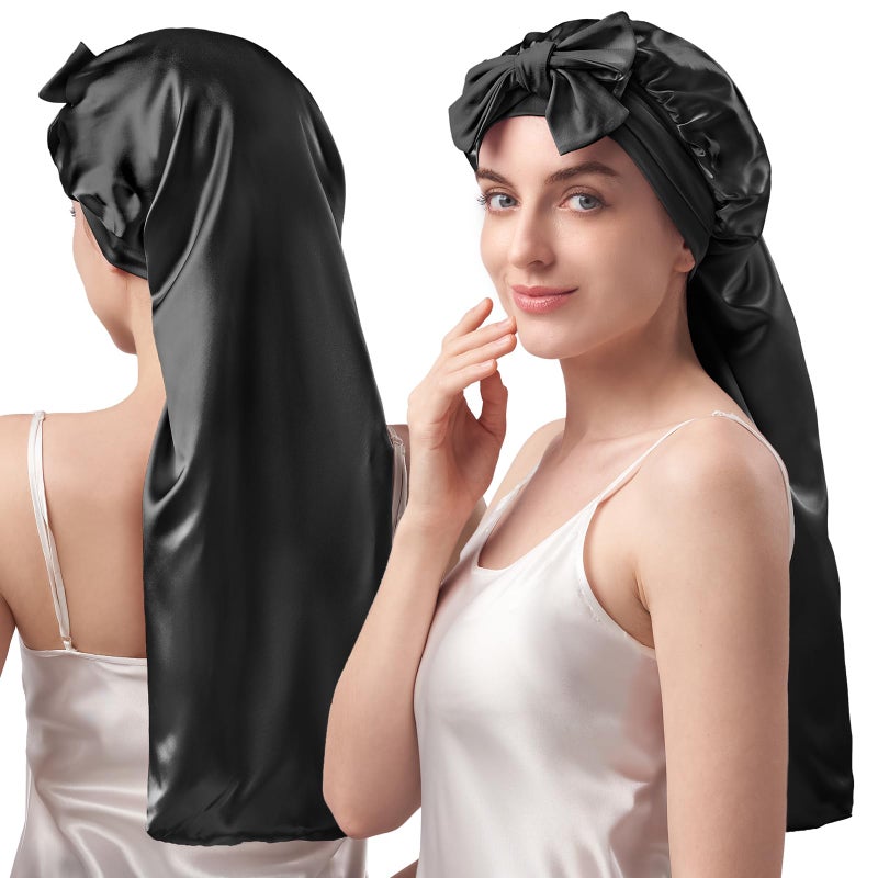 YFONG DoubleLayered 100 Pure Mulberry Silk Bonnet for Long Hair 22 Momme Silk Hair Bonnet for Sleeping with Elastic Tie Band Real Silk Sleep Cap for Women Long Curly Hair Black